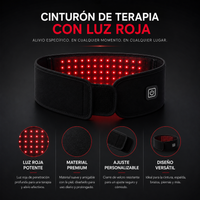 Infografía del cinturón de terapia de luz roja: luz roja potente, material premium, ajuste personalizable y diseño versátil para cintura, espalda, brazos y piernas