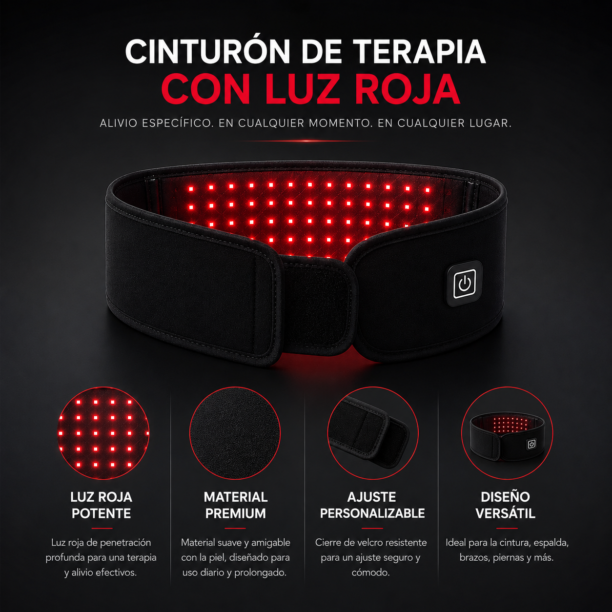 Infografía del cinturón de terapia de luz roja: luz roja potente, material premium, ajuste personalizable y diseño versátil para cintura, espalda, brazos y piernas