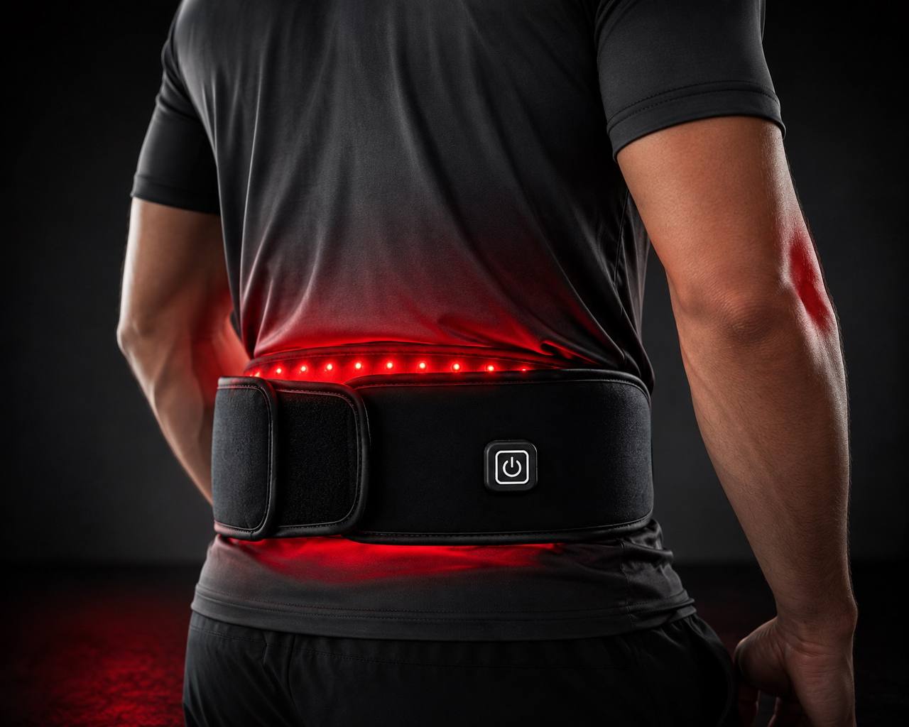 Hombre usando Therapy Belt, banda de terapia de luz roja e infrarroja, en la zona lumbar