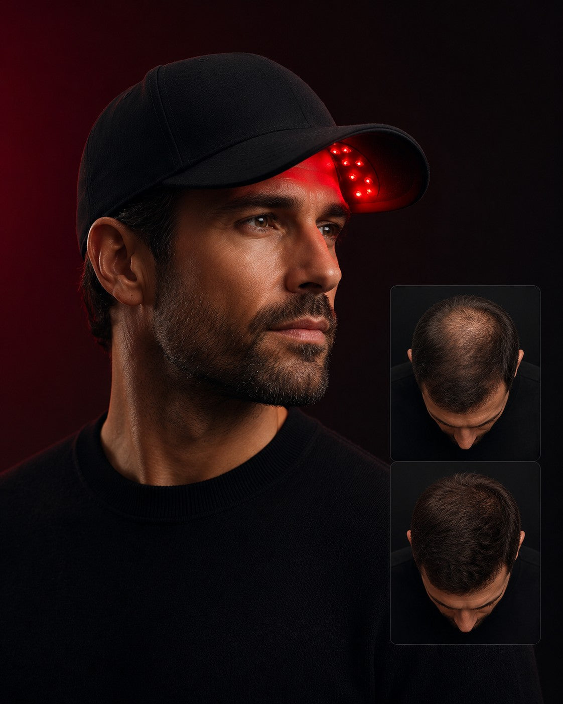 Hombre usando Therapy Hat, con fotos de antes y después del cabello